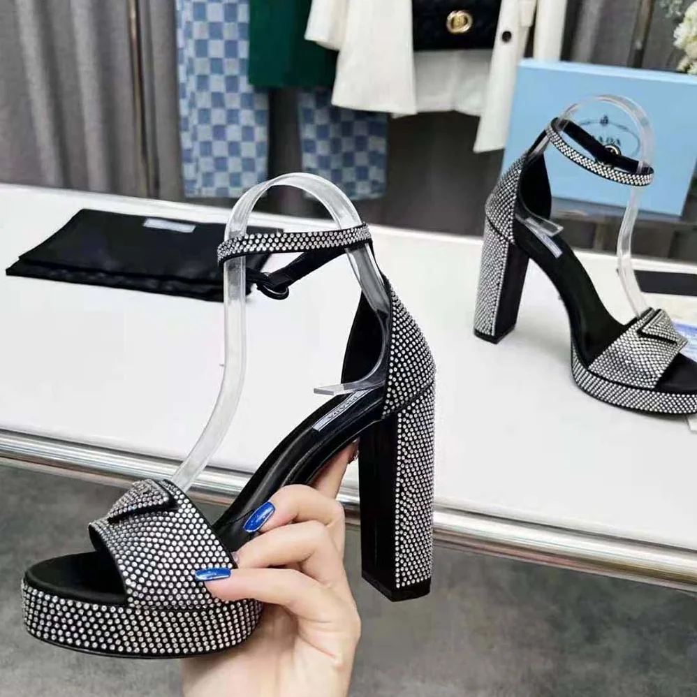 Prada Satin Platform Sandals with Crystals for Women in Black Prada Satin Platform Sandals with Crystals for Women in Black