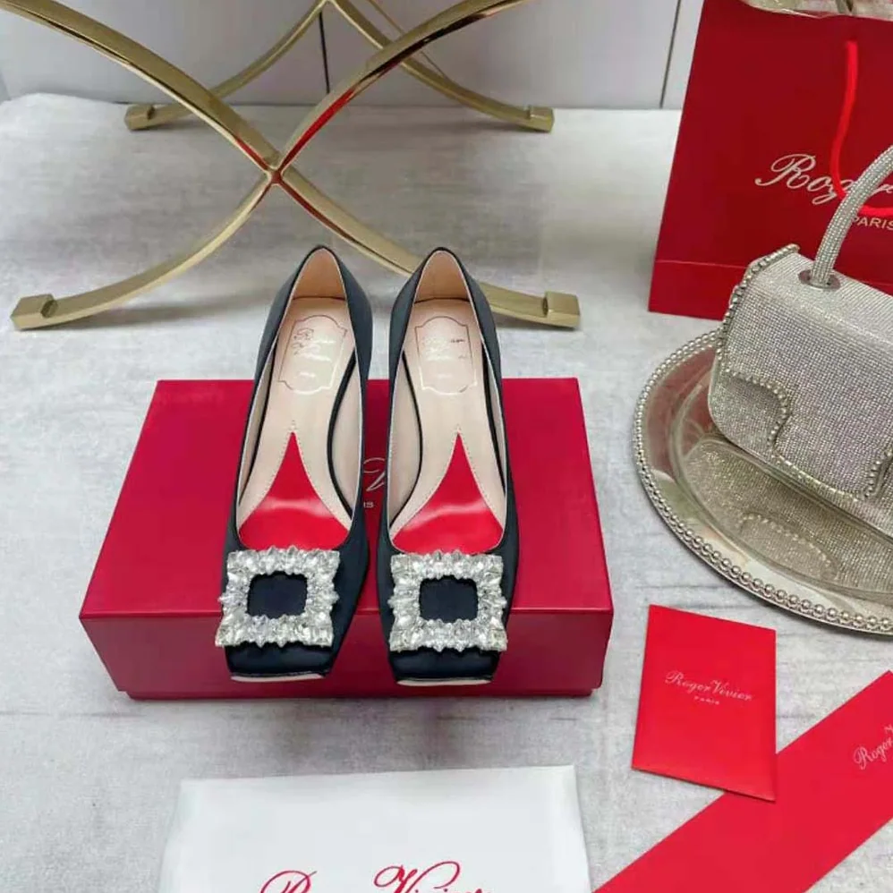 Roger Vivier Jewel Heel Rhinestone Buckle Pumps in Satin for Women Roger Vivier Jewel Heel Rhinestone Buckle Pumps in Satin for Women