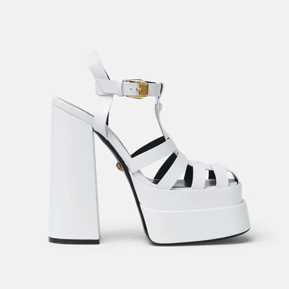 Versace La Medusa Platform Sandals in Calf Leather for Women in White Versace La Medusa Platform Sandals in Calf Leather for Women in White