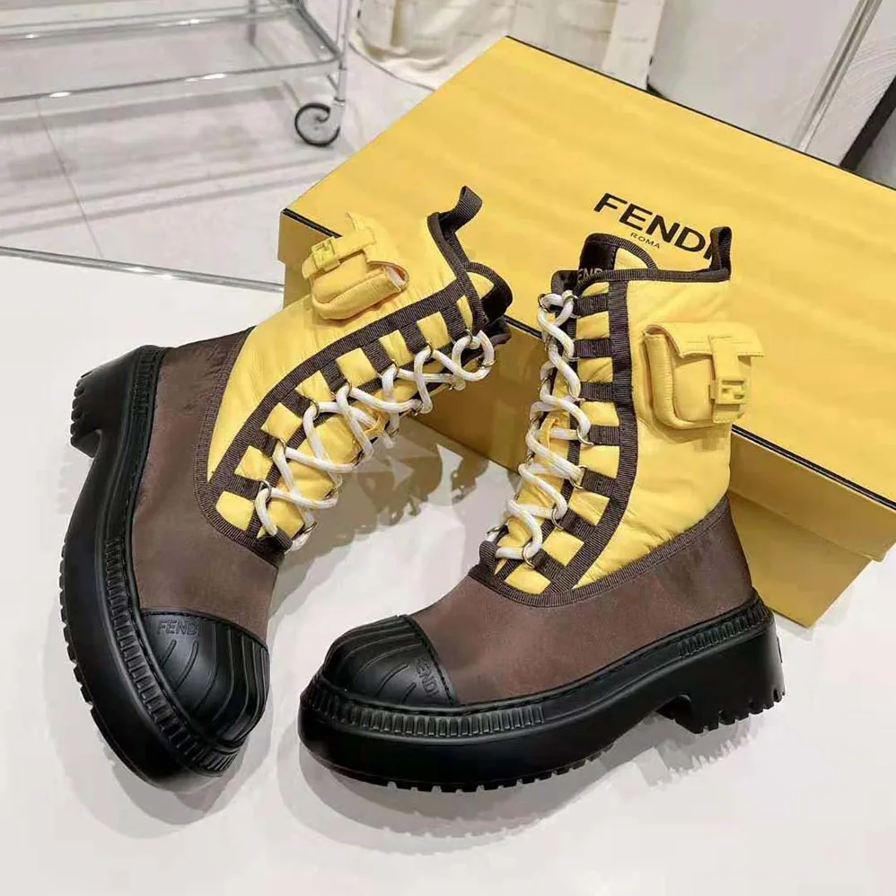 Fendi Domino Yellow Nylon Biker Boots for Women Fendi Domino Yellow Nylon Biker Boots for Women