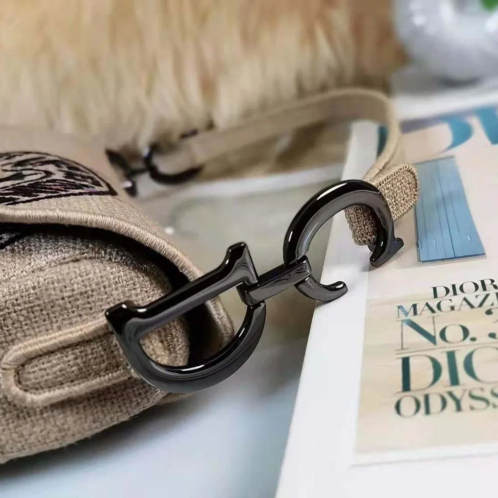 Dior Saddle Bag Beige Jute Canvas Embroidered with Dior Union Motif for Women