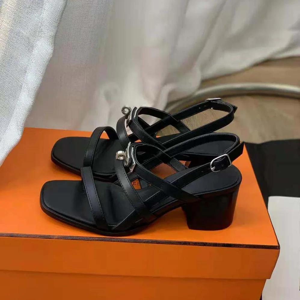 Hermes Eve 60 Sandal in Calfskin Leather for Women in Black Hermes Eve 60 Sandal in Calfskin Leather for Women in Black