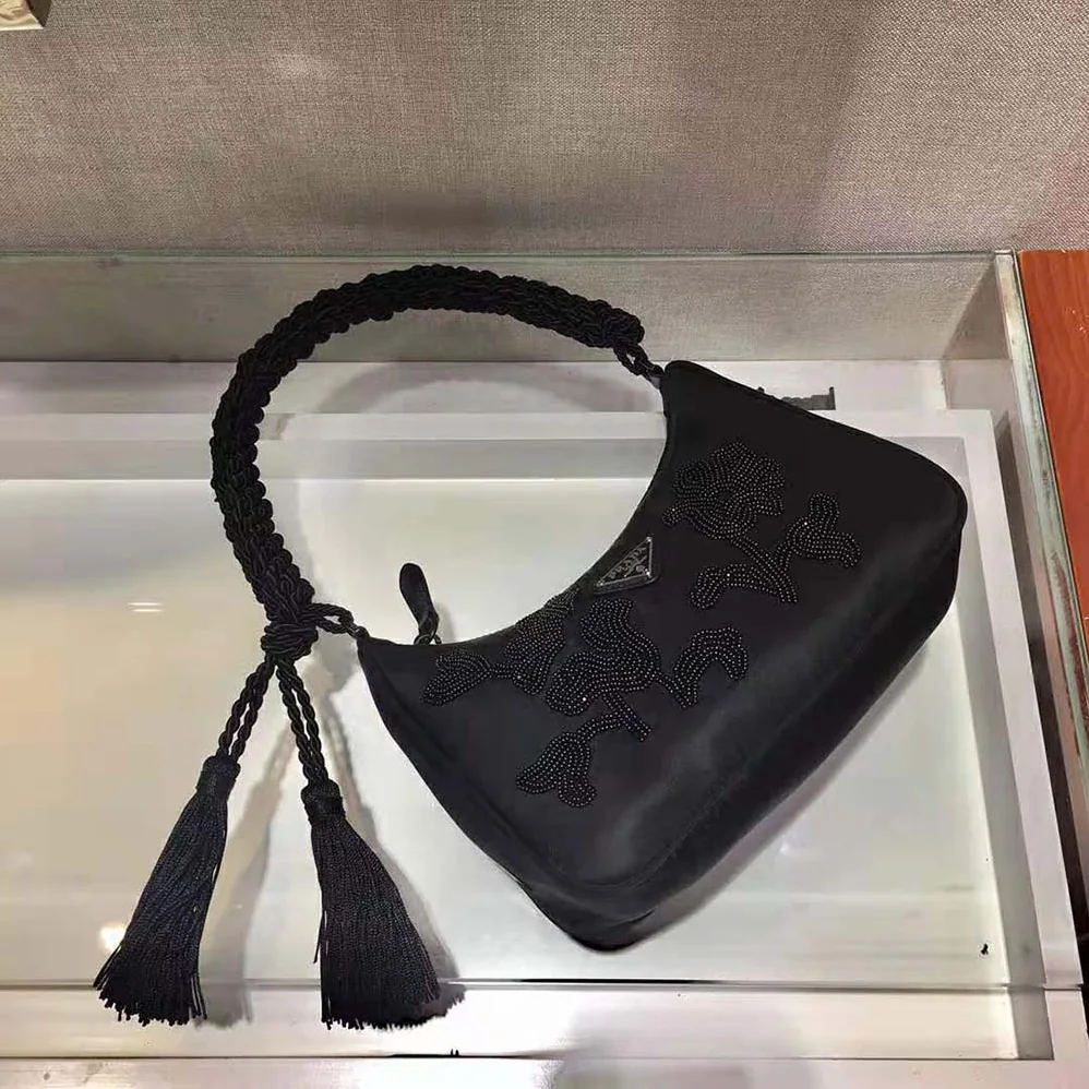 Prada Nylon Bag with Embroidery for Women in Black