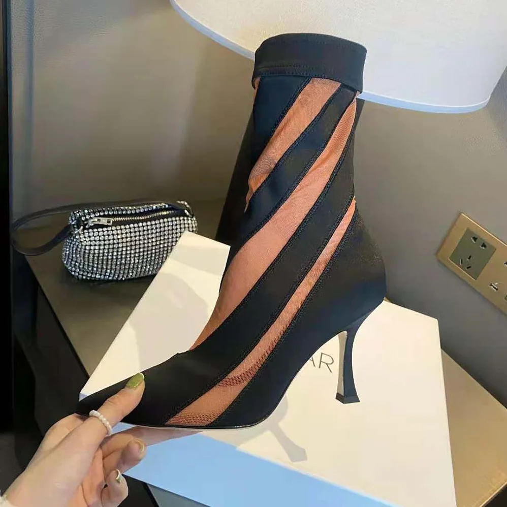 Jimmy Choo Mugler Sock Ankle Boot Black and Dark Nude Sheer Spiral Stretch Fabric for Women Jimmy Choo Mugler Sock Ankle Boot Black and Dark Nude Sheer Spiral Stretch Fabric for Women