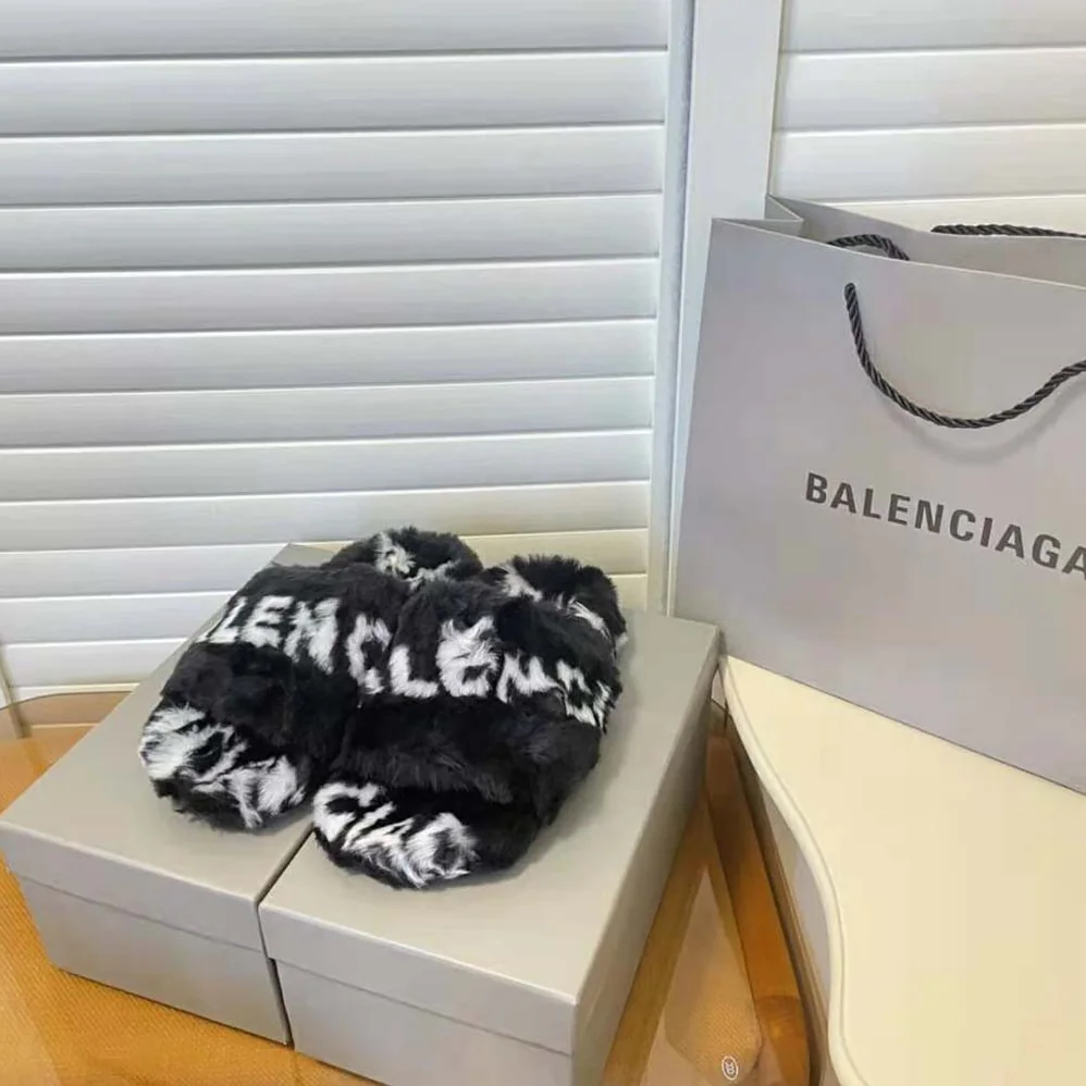 Balenciaga Furry Slide Sandal Allover Logo in Black and White Fake Fur for Women Balenciaga Furry Slide Sandal Allover Logo in Black and White Fake Fur for Women