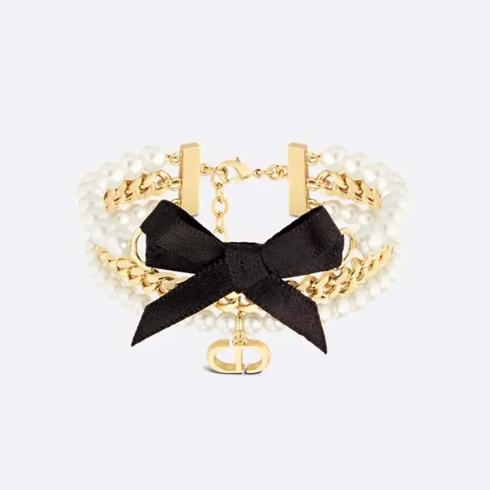 Dior Le Nœud de Dior Bracelet Gold-Finish Metal with White Resin Pearls and Black Satin for Women Dior Le Nœud de Dior Bracelet Gold-Finish Metal with White Resin Pearls and Black Satin for Women