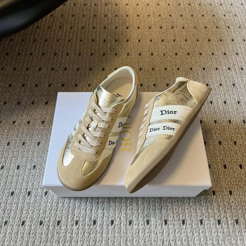 Dior Ribbon Sneaker Beige Suede Calfskin and Gold for Women in Tone Crinkled Laminated Lambskin Dior Ribbon Sneaker Beige Suede Calfskin and Gold for Women in Tone Crinkled Laminated Lambskin