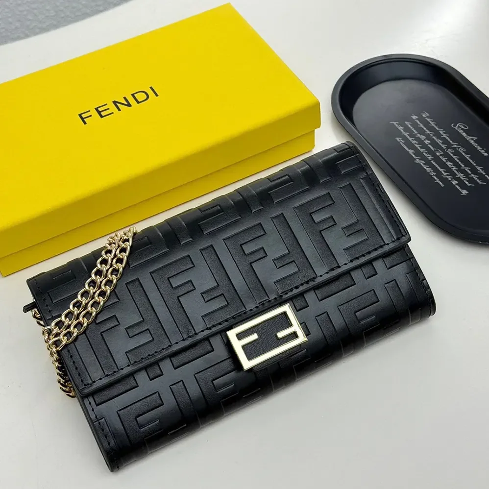 Fendi Baguette Continental Wallet With Chain Black Nappa Leather Wallet for Women