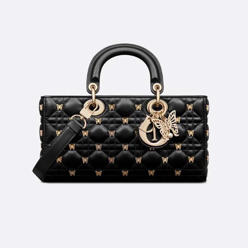 Dior Medium Lady D-joy Bag Black Cannage Lambskin with Gold for Women in Finish Butterfly Studs Dior Medium Lady D-joy Bag Black Cannage Lambskin with Gold for Women in Finish Butterfly Studs