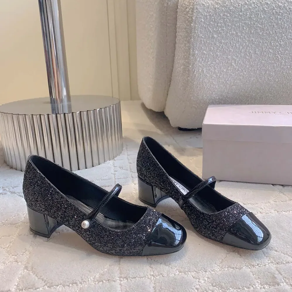 Jimmy Choo Elisa 45 Black Leather Glitter Pumps for Women Jimmy Choo Elisa 45 Black Leather Glitter Pumps for Women