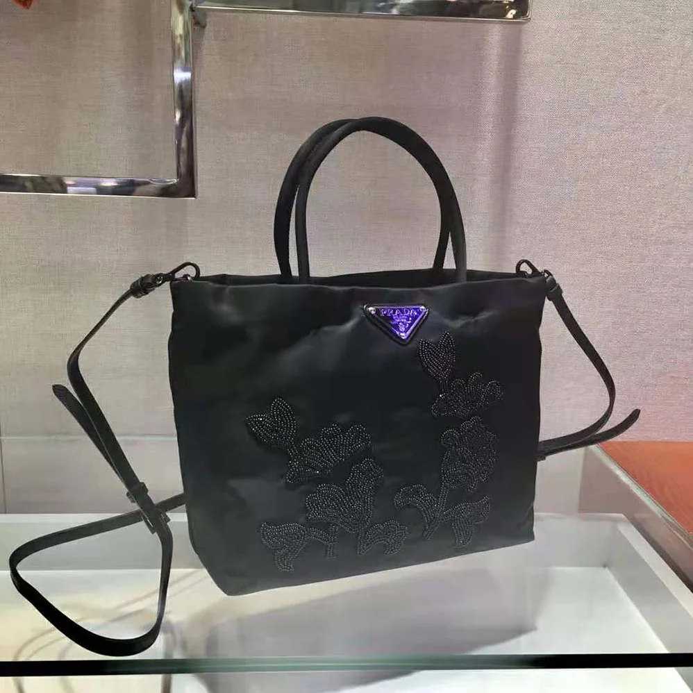 Prada Embroidered Nylon in Leather Handbag for Women in Black Prada Embroidered Nylon in Leather Handbag for Women in Black