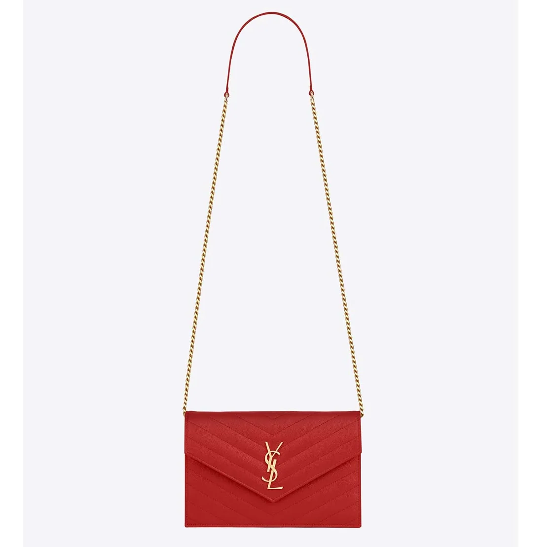 Saint Laurent YSL Medium Monogram Envelope Chain Wallet with Gold Hardware in Red