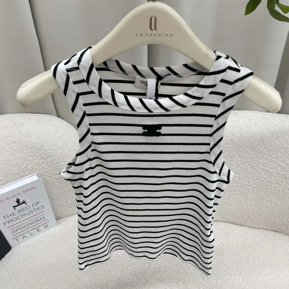 Celine Triomphe Tank Top in Striped Silk Jersey for Women Celine Triomphe Tank Top in Striped Silk Jersey for Women