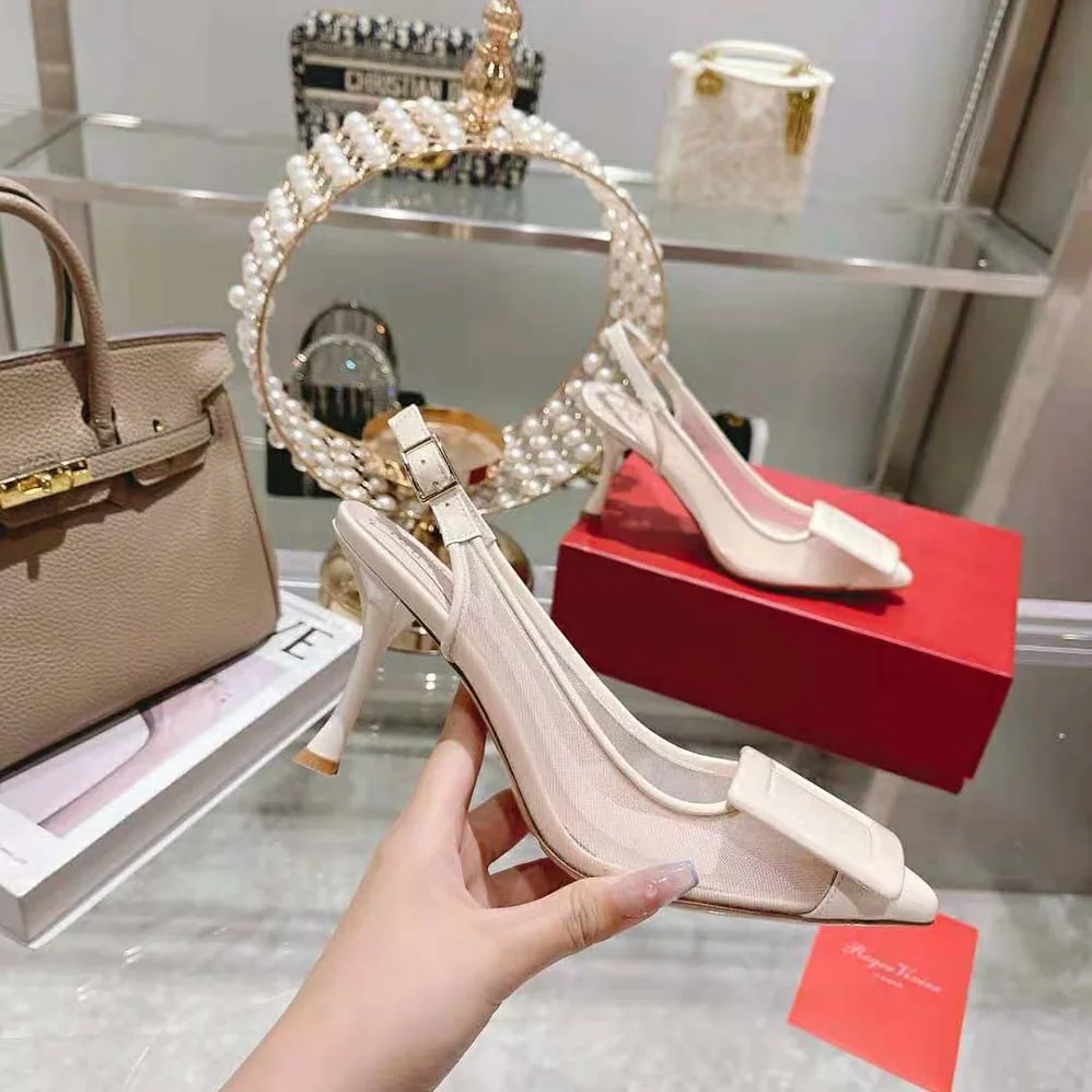 Roger Vivier Viv' In The City Net Covered Buckle Slingback Pumps in Fabric for Women in White