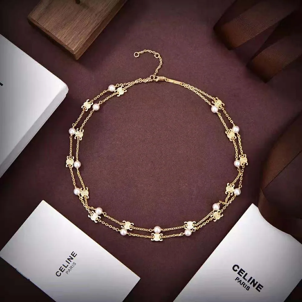 Celine Triomphe Pearl Double Necklace in Brass with Gold Finish and Resin Pearls for Women