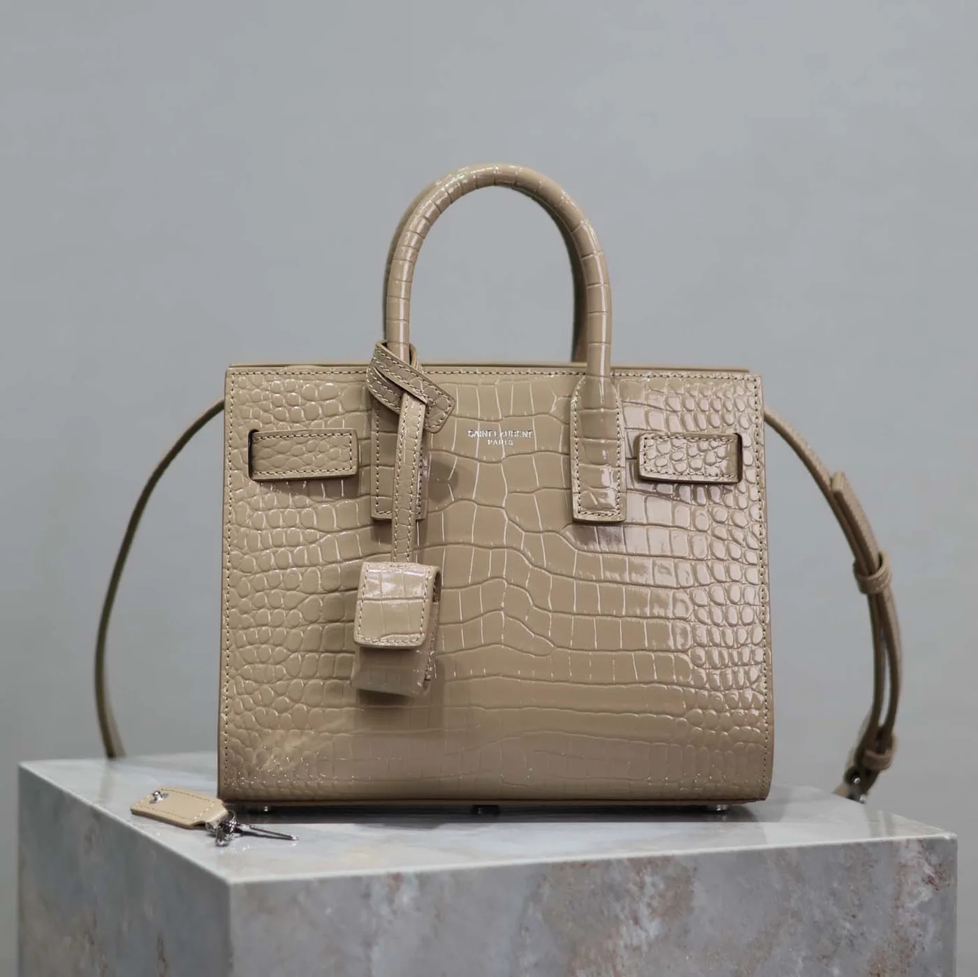 Saint Laurent YSL Sac De Jour in Crocodile Embossed Leather Nano for Women in Sandy Saint Laurent YSL Sac De Jour in Crocodile Embossed Leather Nano for Women in Sandy
