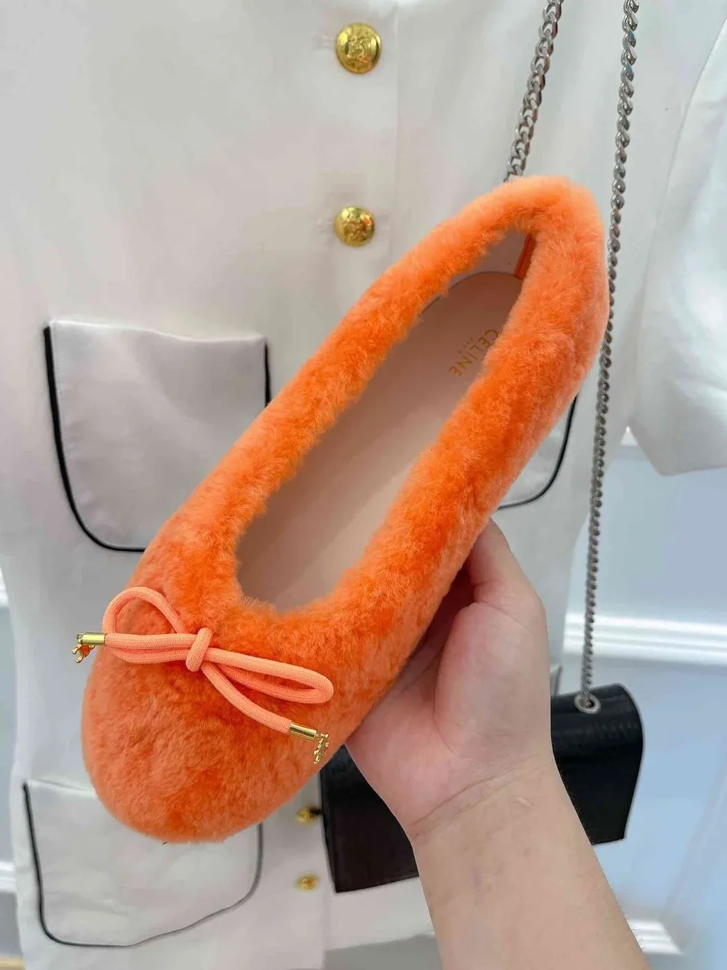 Celine Les Ballerines Celine Ballerina With Triomphe Laces And Fur Orange