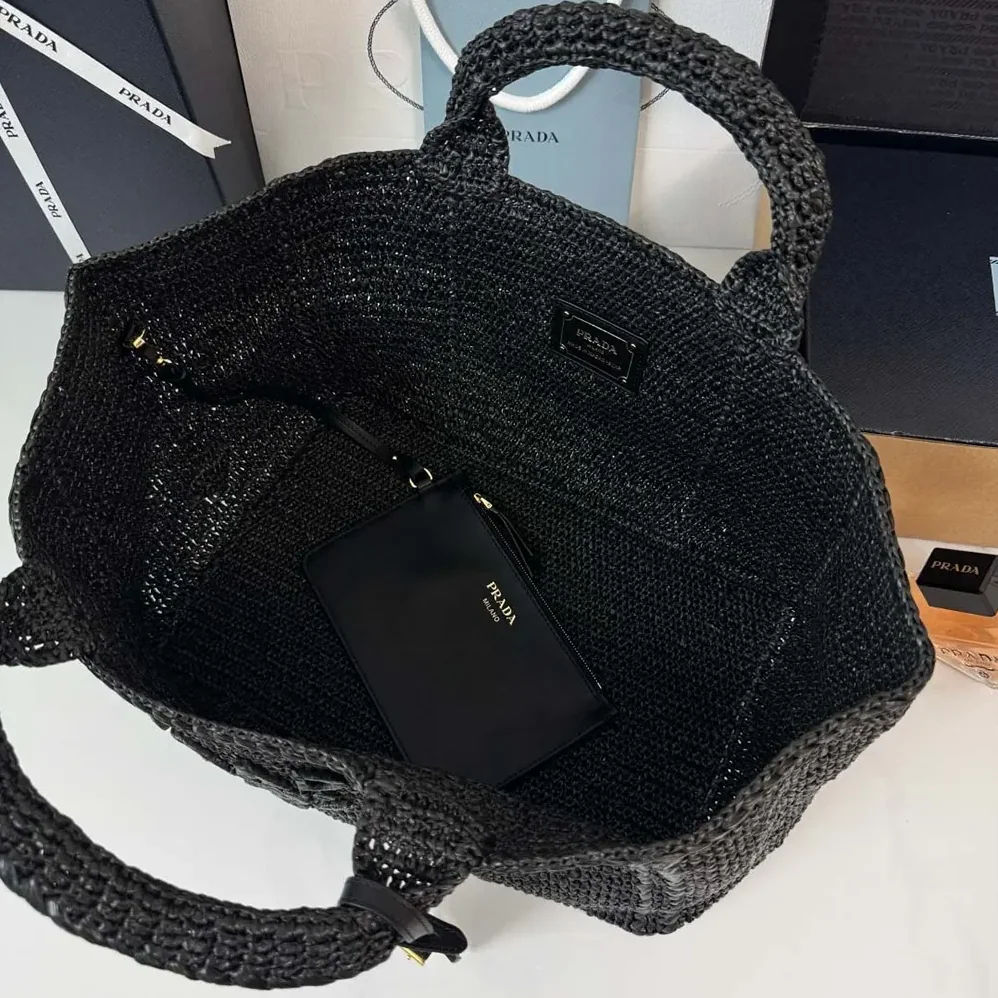 Prada Large Crochet Tote Bag with Leather Details for Women in Black