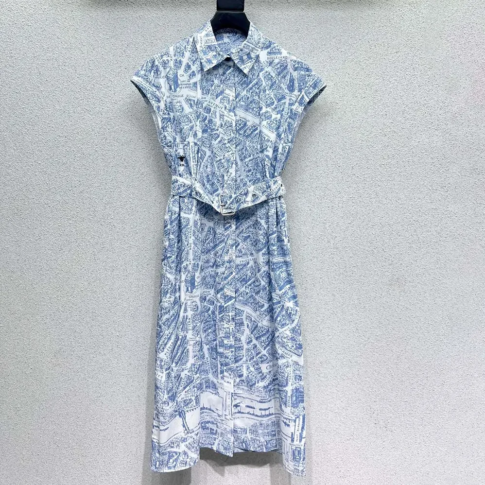 Dior Mid-Length Belted Shirtdress White and Chambray Blue Cotton and Silk Poplin for Women