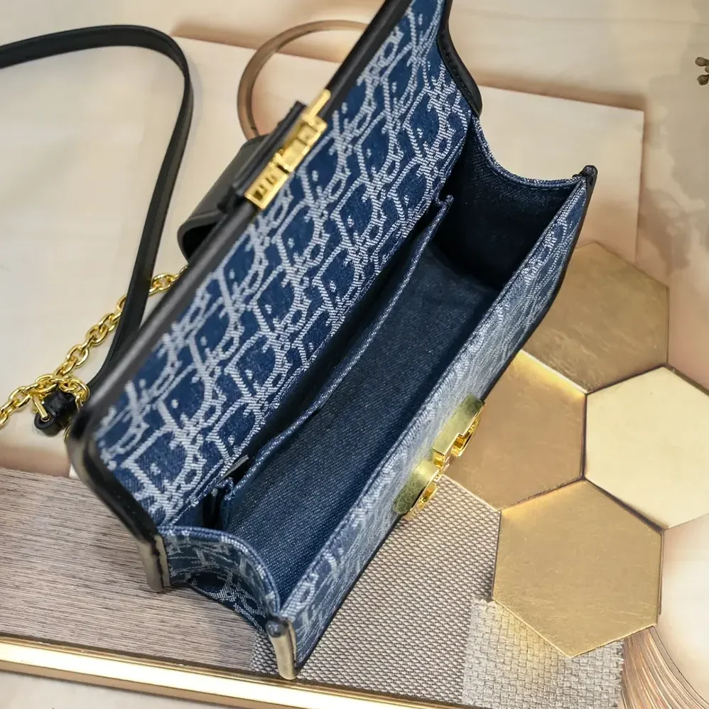 Dior 30 Montaigne East-West Bag with Chain Blue Denim Dior Oblique Jacquard for Women