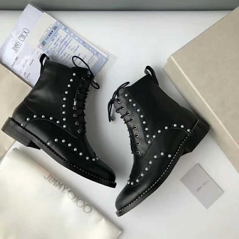 Jimmy Choo Shoes Hanah Flat Black Smooth Leather Boots with Pearl Detailing for Women Jimmy Choo Shoes Hanah Flat Black Smooth Leather Boots with Pearl Detailing for Women