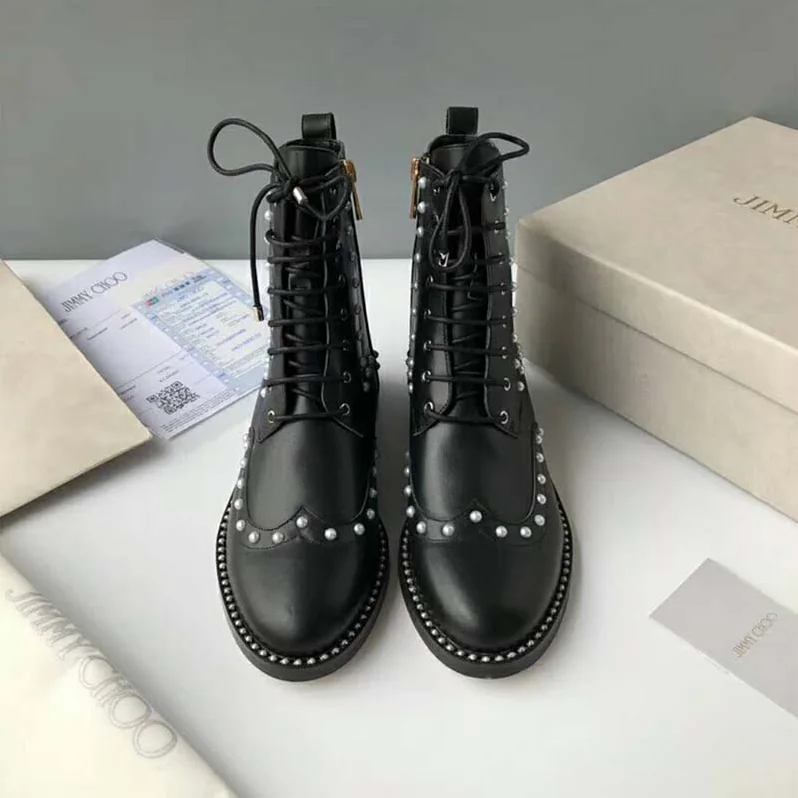 Jimmy Choo Shoes Hanah Flat Black Smooth Leather Boots with Pearl Detailing for Women Jimmy Choo Shoes Hanah Flat Black Smooth Leather Boots with Pearl Detailing for Women