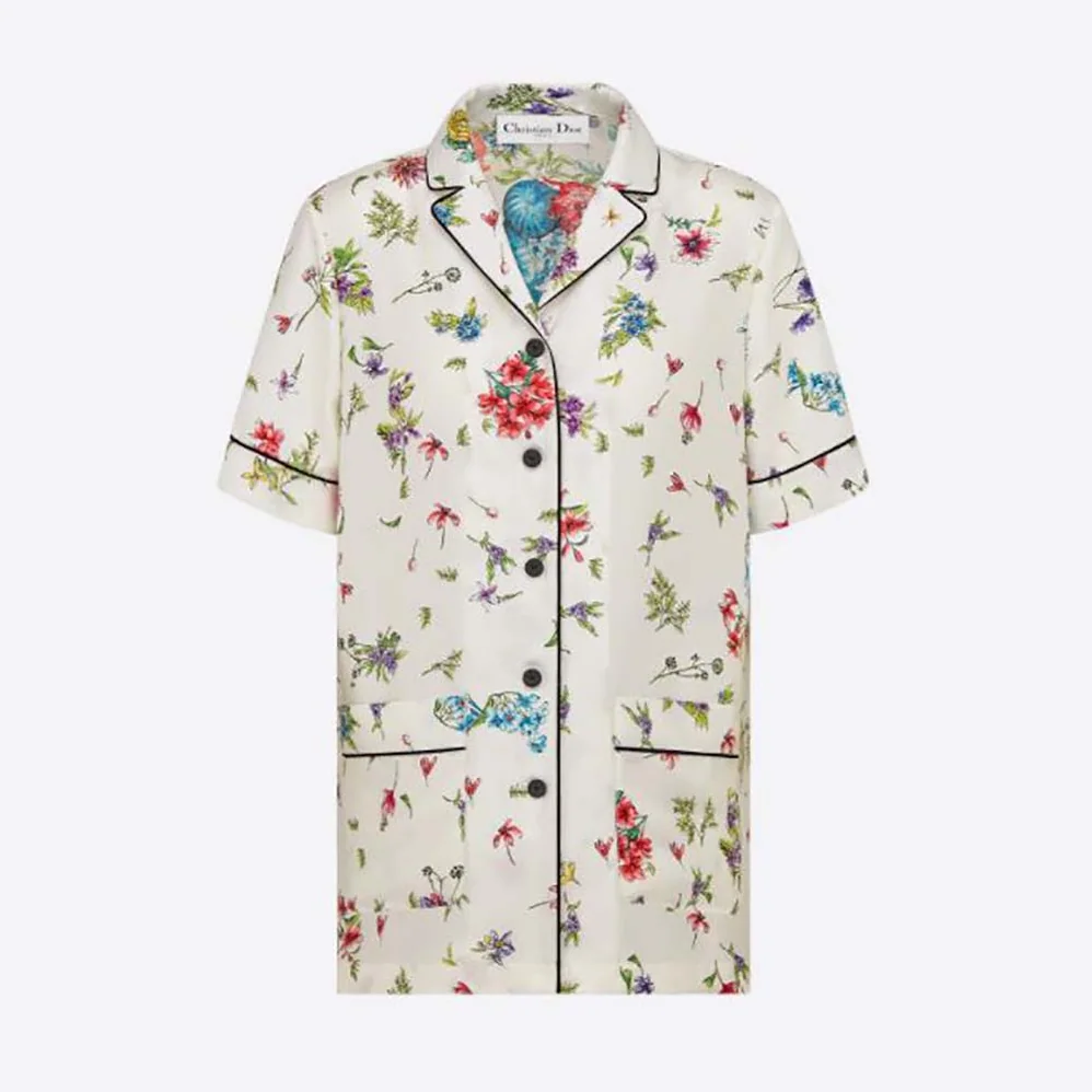 Dior Chez Moi Short-Sleeved Shirt White Silk Twill with Multicolor D for Women in Constellation Motif Dior Chez Moi Short-Sleeved Shirt White Silk Twill with Multicolor D for Women in Constellation Motif