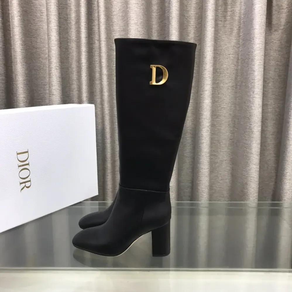 Dior Logo Knee-High Boot in Black Calfskin with Gold for Women in Tone Accents Dior Logo Knee-High Boot in Black Calfskin with Gold for Women in Tone Accents