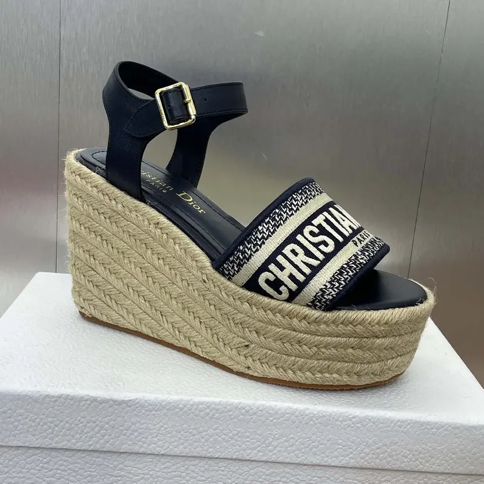 Dior Dway Wedge Sandal Deep Blue Calfskin and Embroidered Cotton for Women