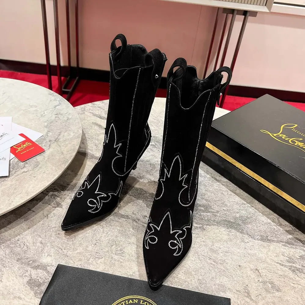 Christian Louboutin Santigag Strass 85 mm Low Boots Veau Velours and Strass for Women in Black Christian Louboutin Santigag Strass 85 mm Low Boots Veau Velours and Strass for Women in Black