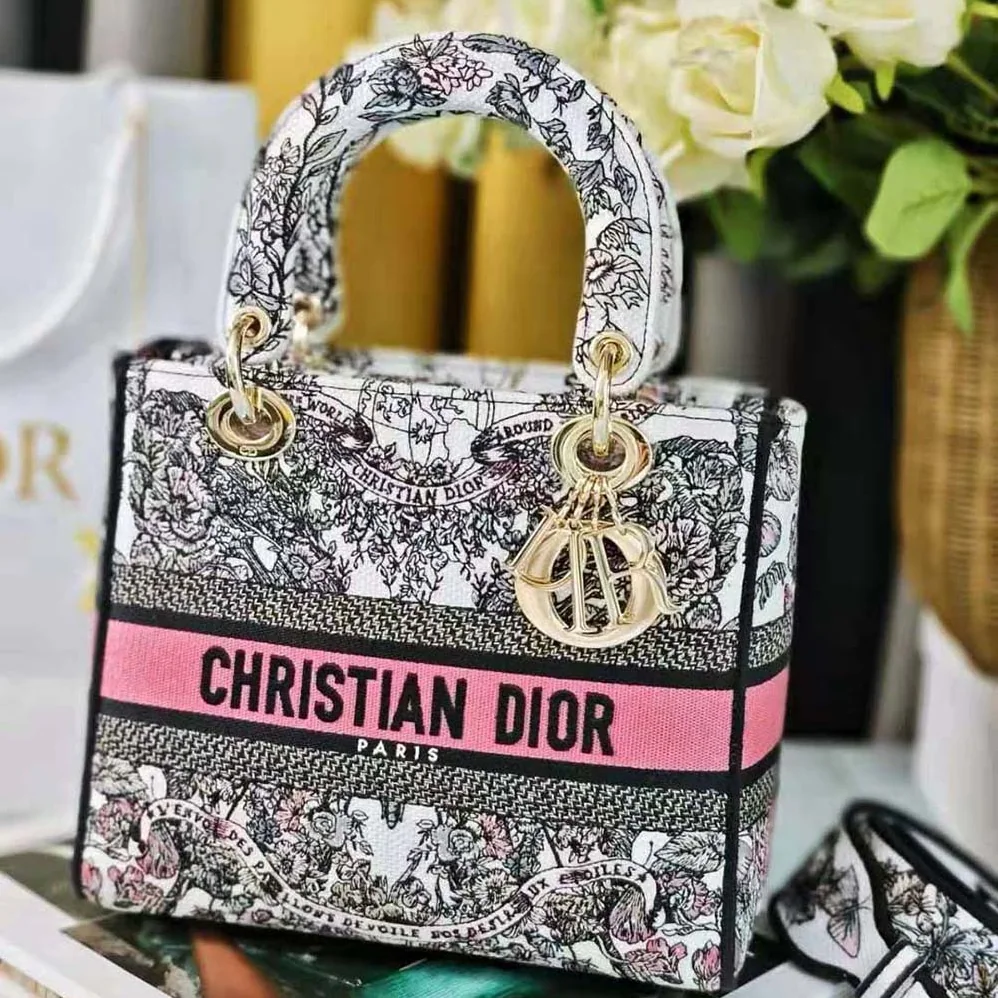Dior Medium Lady D-lite Bag White and Pastel Pink Butterfly Around The World Embroidery for Women Dior Medium Lady D-lite Bag White and Pastel Pink Butterfly Around The World Embroidery for Women