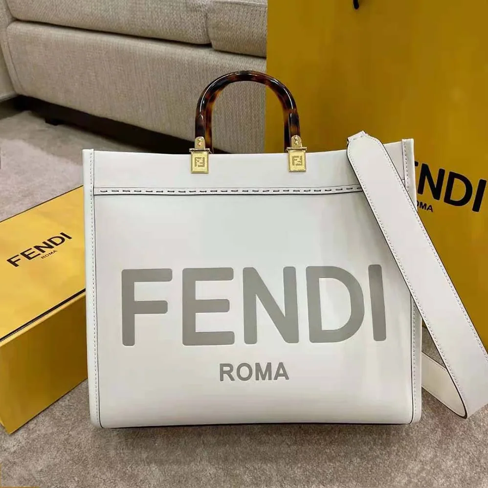 Fendi Sunshine Shopper Leather Shopper for Women in White
