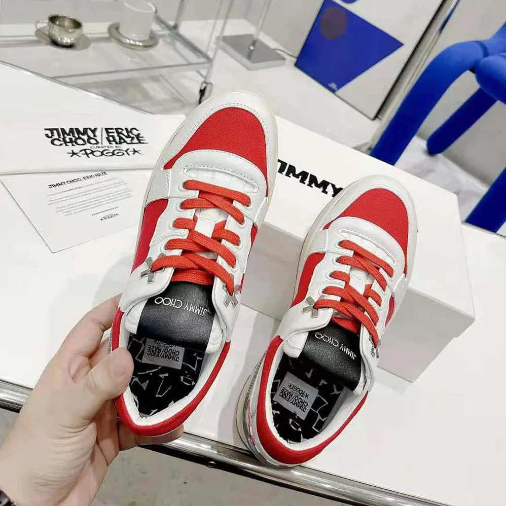 Jimmy Choo JC / Eric Haze Florent/M White Calf Leather and Red Canvas Trainers for Unisex
