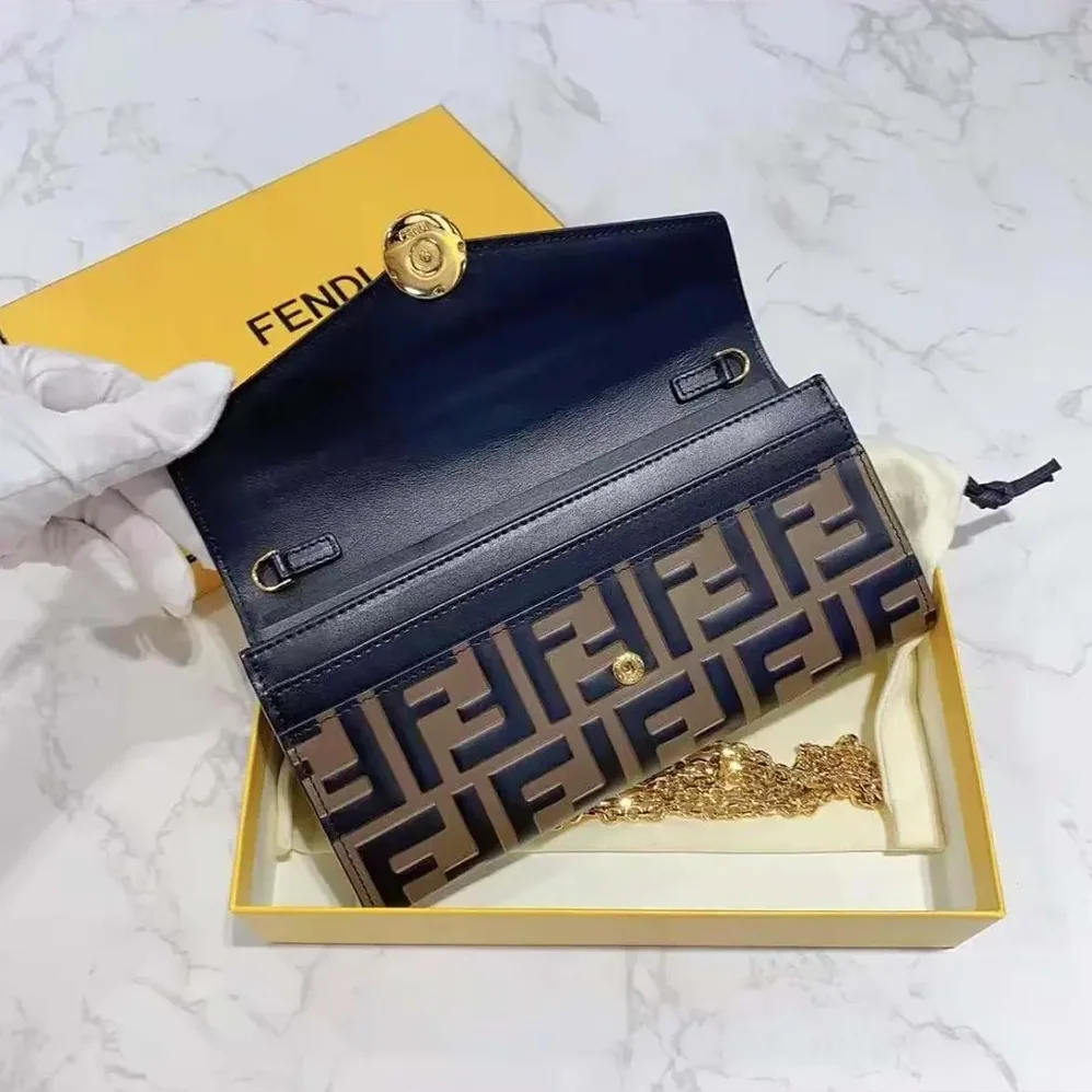 Fendi FF With Chain Brown Leather Wallet for Women