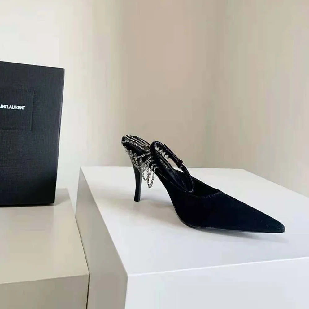Saint Laurent YSL Sling Chain Pumps in Suede for Women in Black