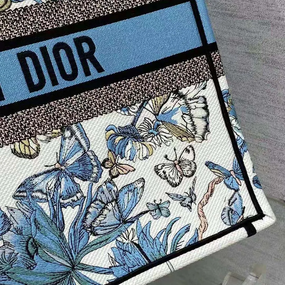 Dior Large Dior Book Tote White and Pastel Midnight Blue Toile de Jouy Mexico Embroidery for Women