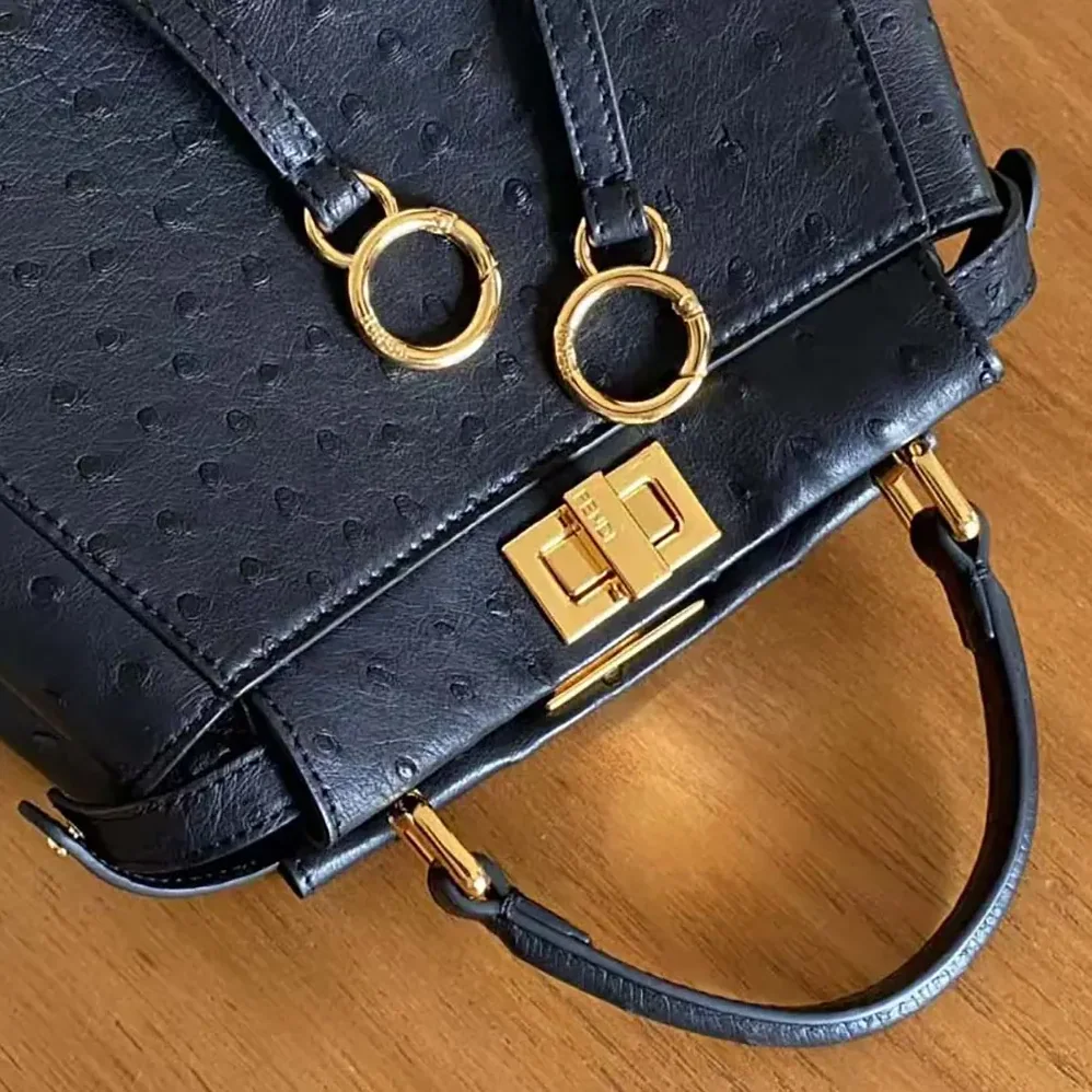 Fendi Peekaboo Iconic Mini Black Ostrich Leather Bag for Women