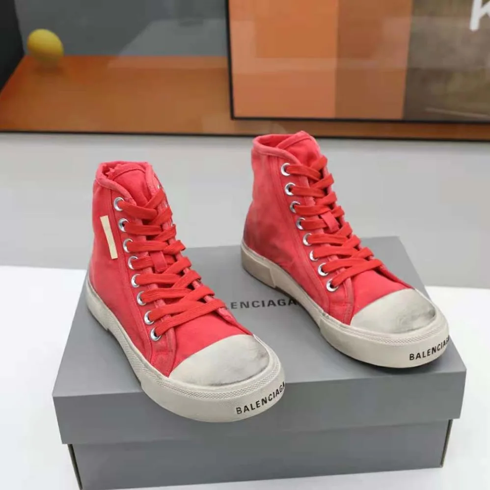 Balenciaga Paris High Top Sneaker in Red Destroyed Cotton and White Rubber for Unisex Balenciaga Paris High Top Sneaker in Red Destroyed Cotton and White Rubber for Unisex