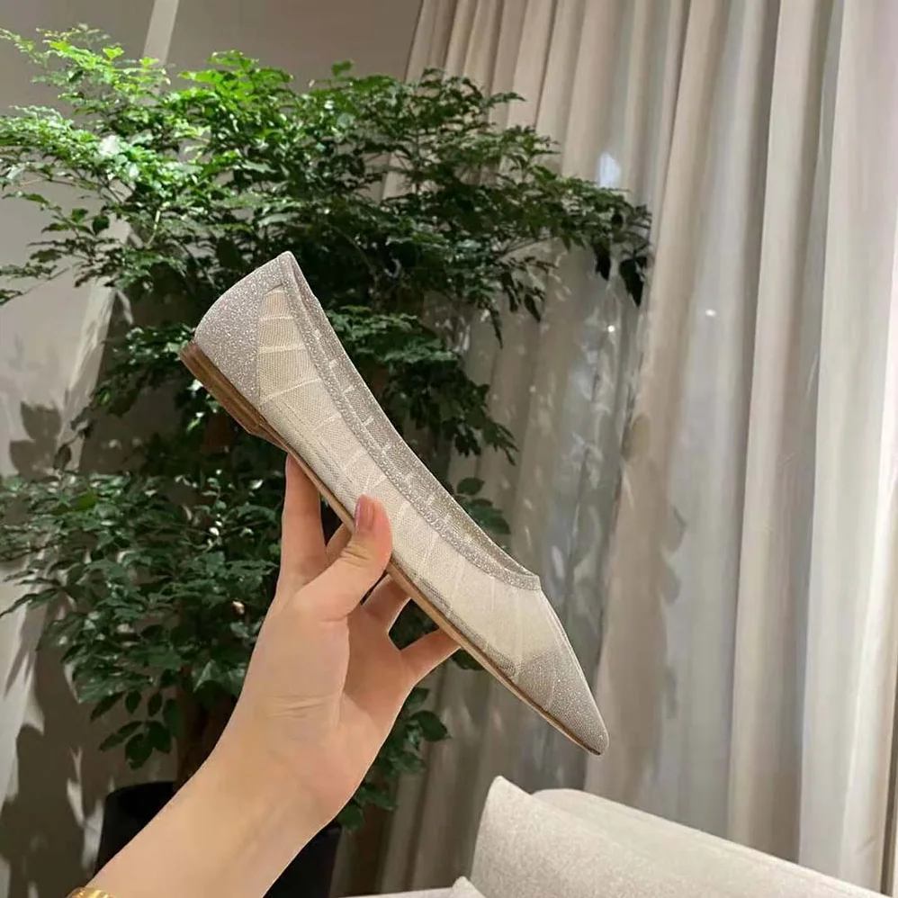 Jimmy Choo Love Flat Metallic Silver Glitter Fabric Flats with Ivory Tulle Overlay for Women Jimmy Choo Love Flat Metallic Silver Glitter Fabric Flats with Ivory Tulle Overlay for Women