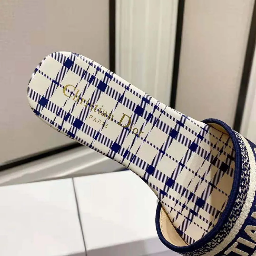 Dior Dway Slide French Blue Check n Dior Embroidered Cotton for Women Dior Dway Slide French Blue Check n Dior Embroidered Cotton for Women
