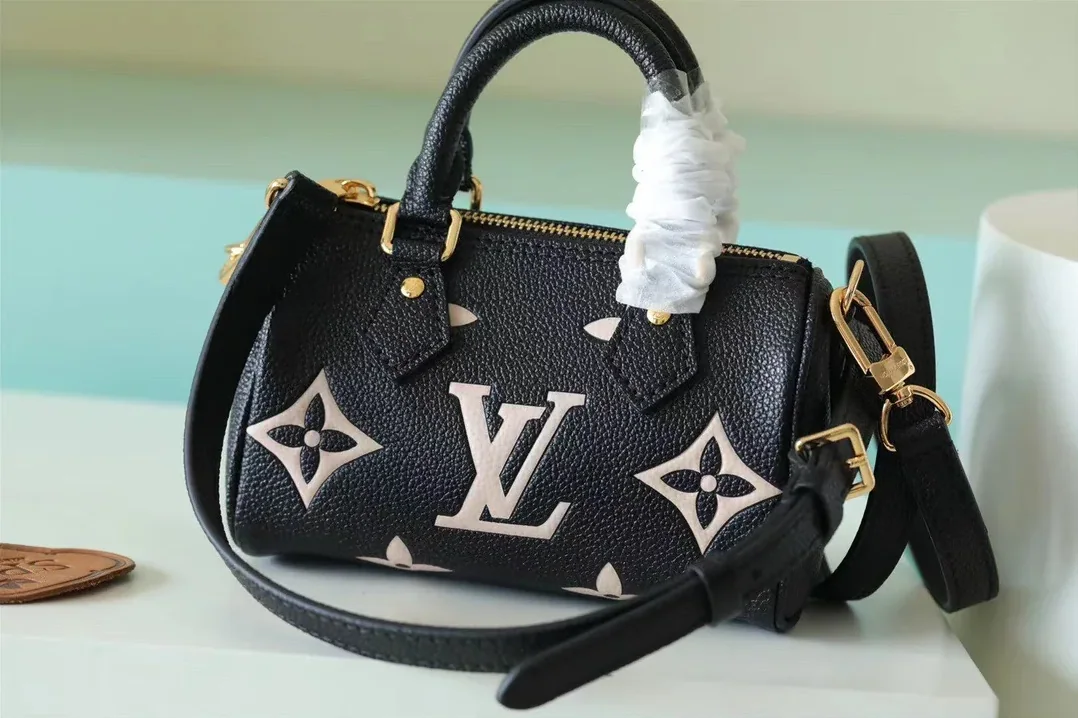 Louis Vuitton Nano Speedy Top Handle Bag / Black/ Beige Monogram Empreinte Gold Hardware