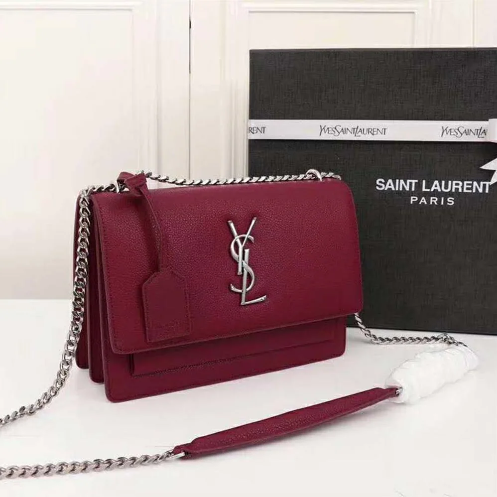 Saint Laurent YSL Medium Sunset Bag Calfskin Leather in Maroon