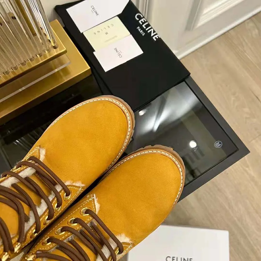 Celine Kurt Lace-up Mid Boot in Nubuck Calfskin and Shearling for Women