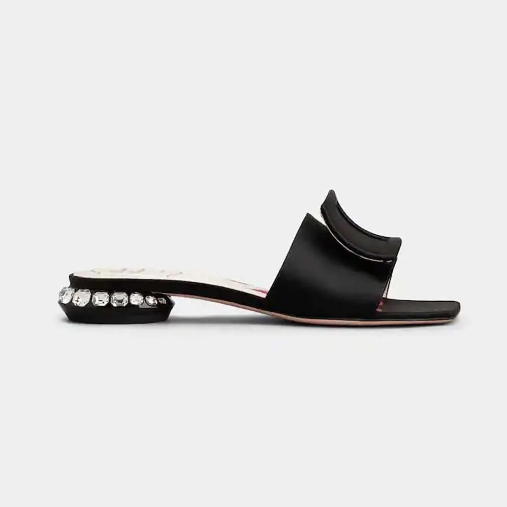 Roger Vivier Strass Heel Covered Buckle Mules in Satin for Women in Black Roger Vivier Strass Heel Covered Buckle Mules in Satin for Women in Black