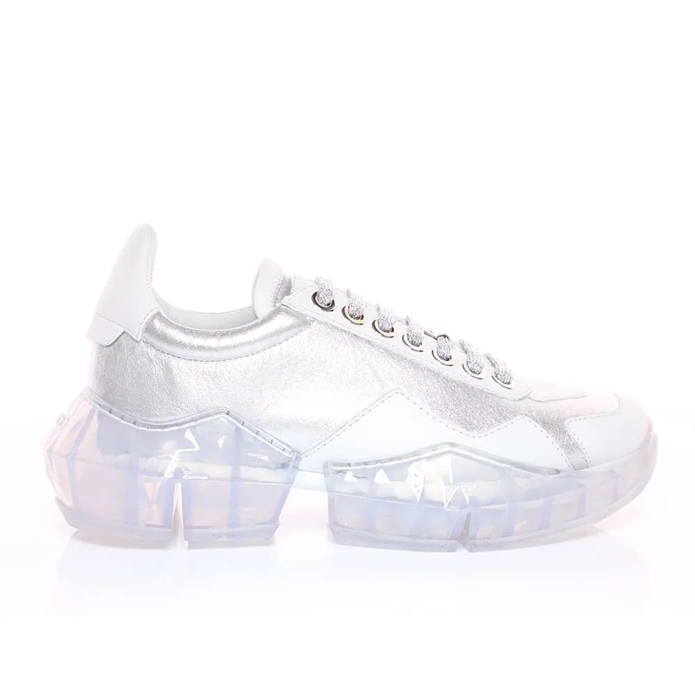 Jimmy Choo Shoes Diamond/F Silver Metallic Leather and White Calf Leather Low Top Trainers for Women Jimmy Choo Shoes Diamond/F Silver Metallic Leather and White Calf Leather Low Top Trainers for Women