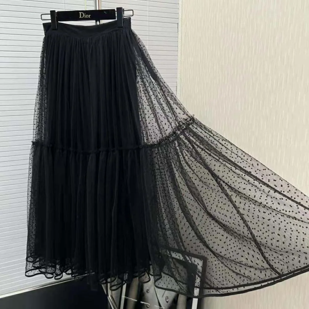 Dior Flared Mid-Length Skirt Black Plumetis Tulle for Women