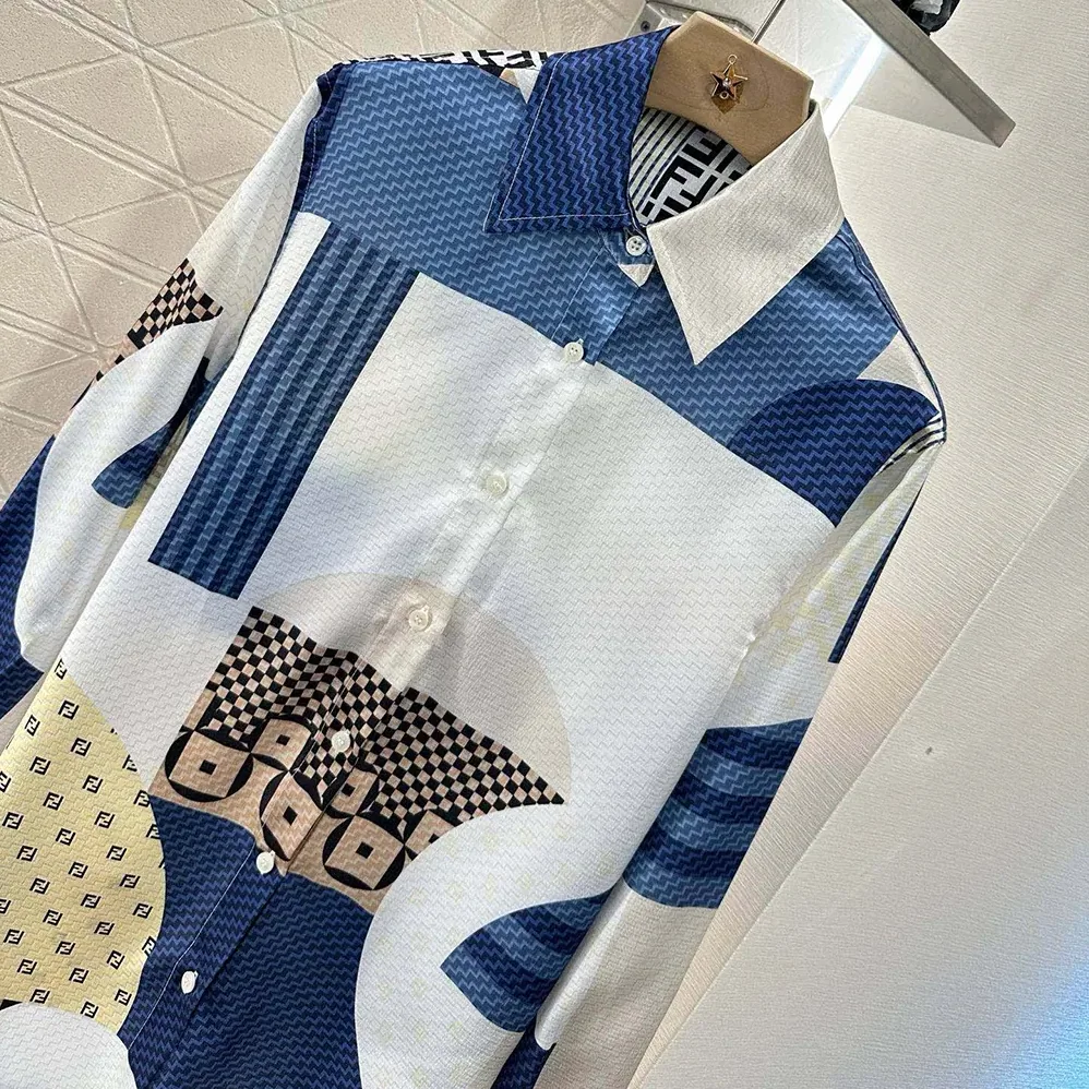 Fendi Blue Silk Shirt with Patchwork Print for Women Fendi Blue Silk Shirt with Patchwork Print for Women