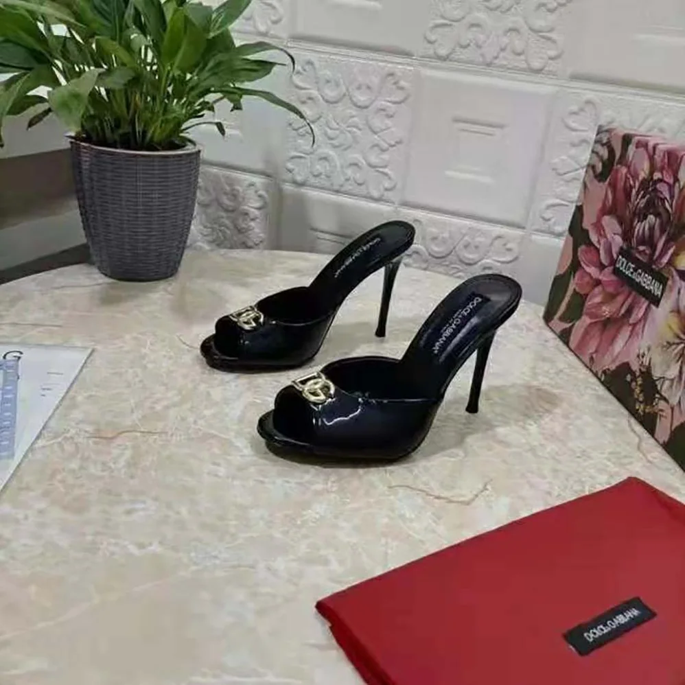 Dolce Gabbana D&G Patent Leather Mules with DG Logo for Women in Black