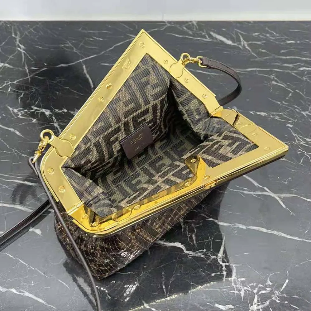 Fendi First Small Brown FF Jacquard Fabric Bag with Sequins for Women