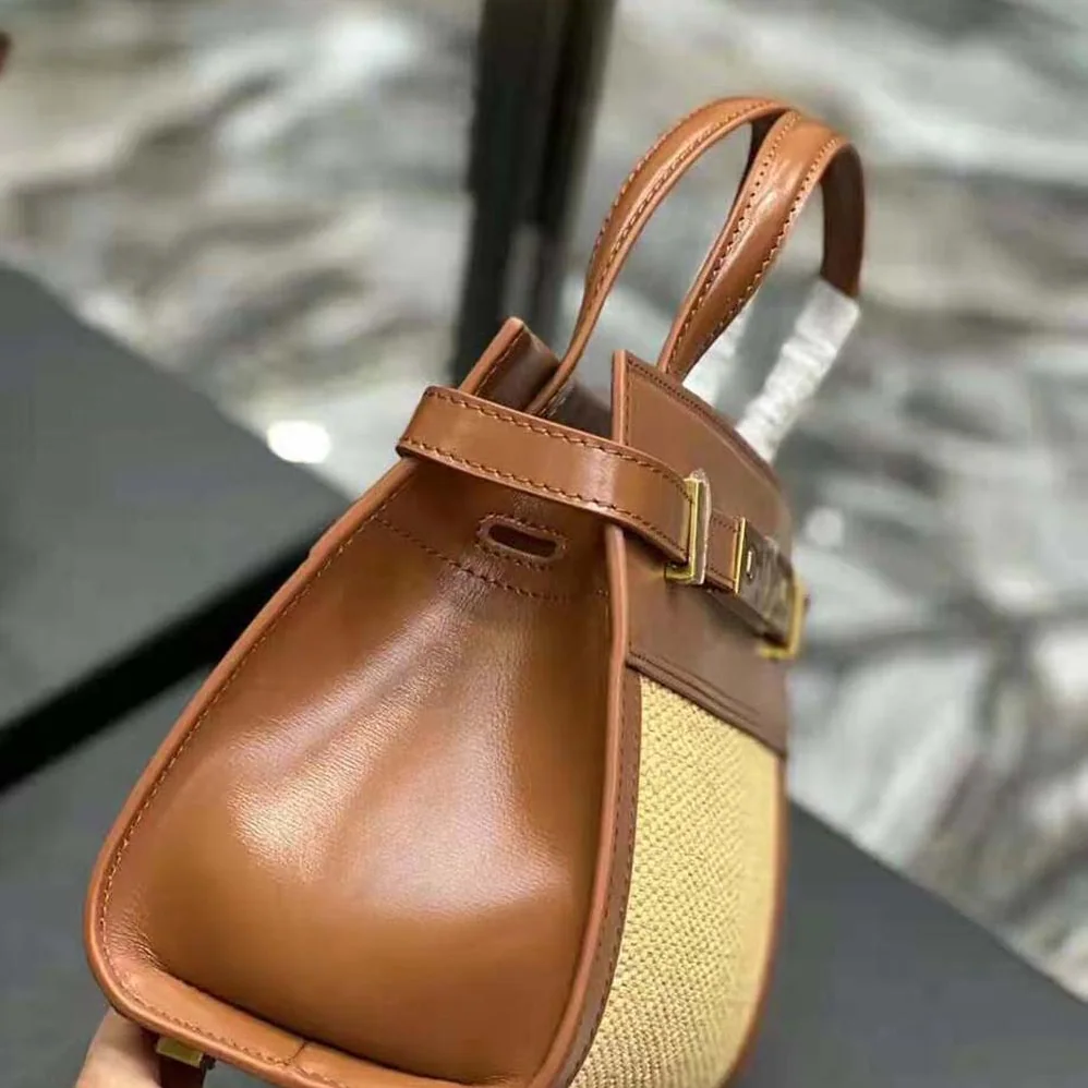 Saint Laurent YSL Manhattan Nano Shopping Bag in Raffia and Smooth Leather for Women in Brown Saint Laurent YSL Manhattan Nano Shopping Bag in Raffia and Smooth Leather for Women in Brown